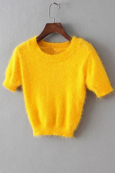 Winter Round Neck Short Sleeves Plain Fluffy Cropped Sweater