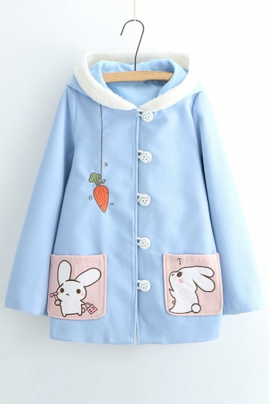 Adorable Rabbit Carrot Pattern Button Down Long Sleeve Hooded Coat with Pockets