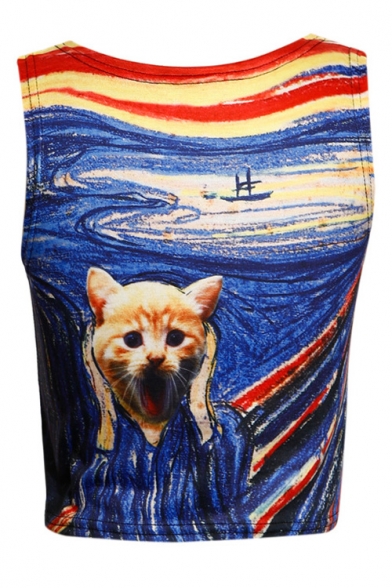 Amazing Screaming Cat Oil-Painting Printed Round Neck Sleeveless Cropped Tank Top