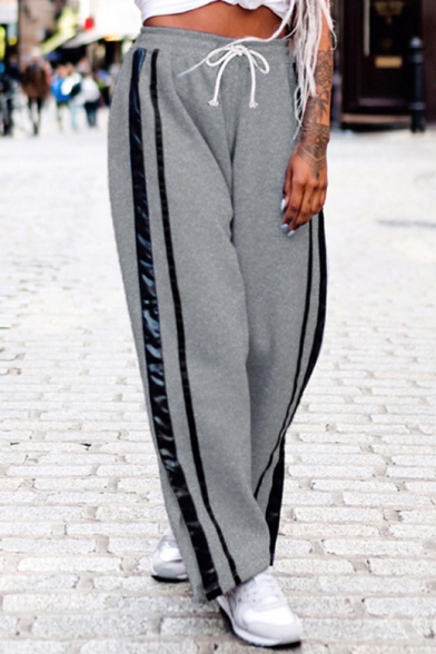 Casual Drawstring Waist Wide Leg Striped Pattern Loose-Fit Pull-on Sport Joggers Pants