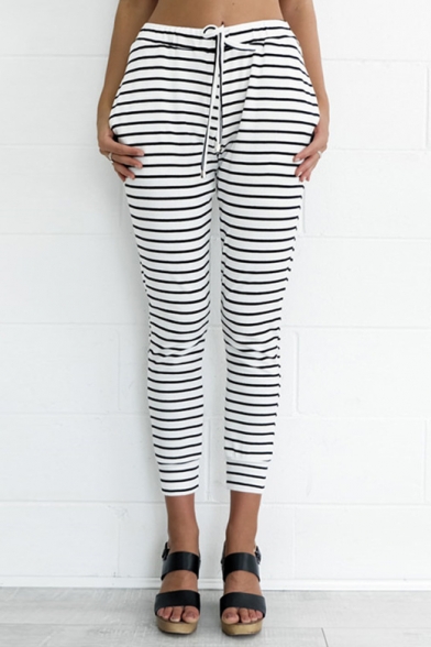 

Casual Striped Pattern Drawstring Waist Cropped Slim-Fit Pants, LC458984