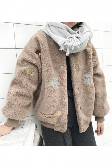 Chic Embroidery Floral Pattern Long Sleeve Stand-Up Collar Coat