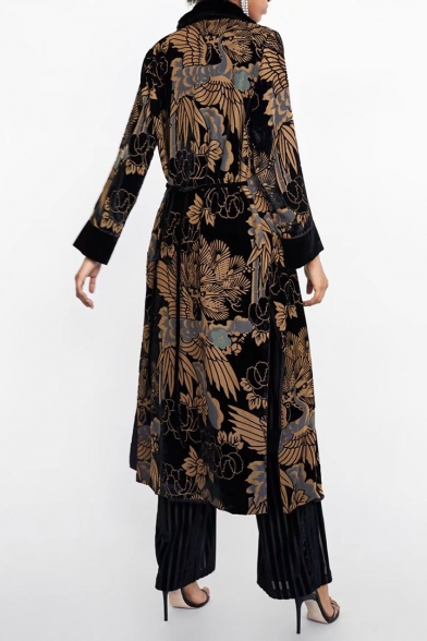 Chic Floral V Neck Long Sleeve Tie Waist Kimono Midi Coat