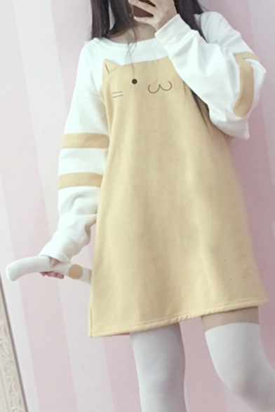 Cute Cat Cartoon Printed Color Block Round Neck Long Sleeves Striped Mini Shift Sweatshirt Dress