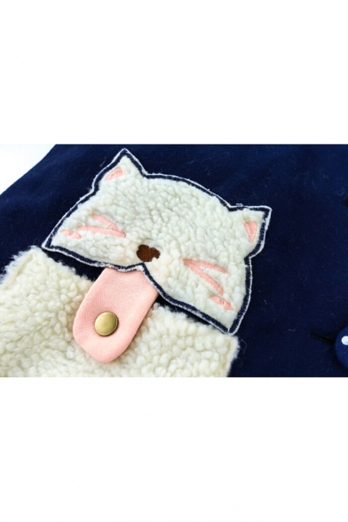 Cute Cats Cartoon Pockets Button Down Striped Hooded Embroidered Striped Coat