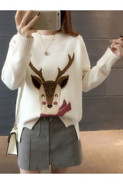 Deer Pattern Round Neck Long Sleeve Pullover Sweater