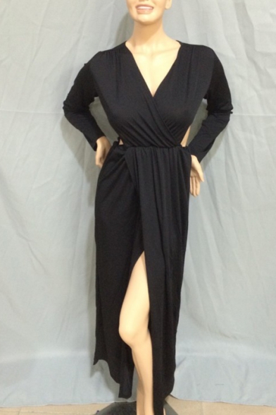 Elegant Long Sleeves V-Neck Cutout Waist Split Hem Wrap Maxi Plain Dress