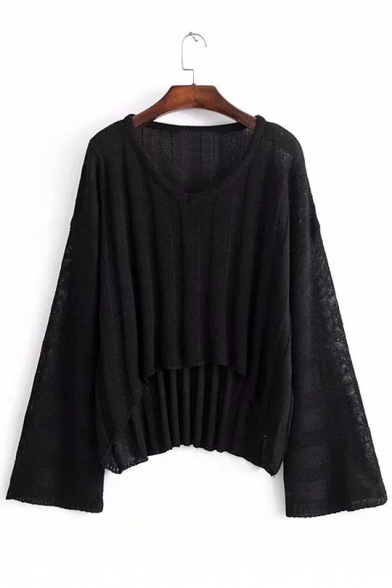 Elegant Long Wide Sleeves V-Neck Dipped Hem Draped Ribbed Knitted Pullover Sweater