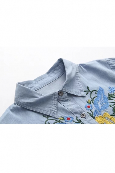 Ethic Bird Floral Embroidered Button Down Point Collar Long Sleeves Shirt