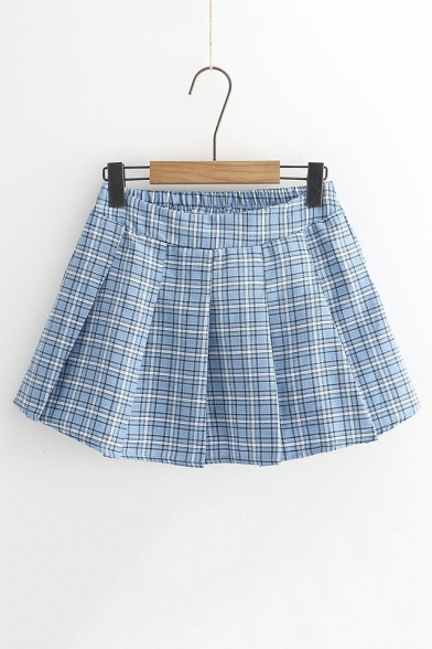 Girly Checkered Plaids Elastic Waist Box Pleated Mini Skirt