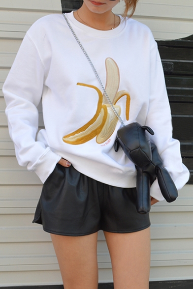 Leisure Banana Pattern Embroidery Long Sleeves Round Neck Pullover Sweatshirt