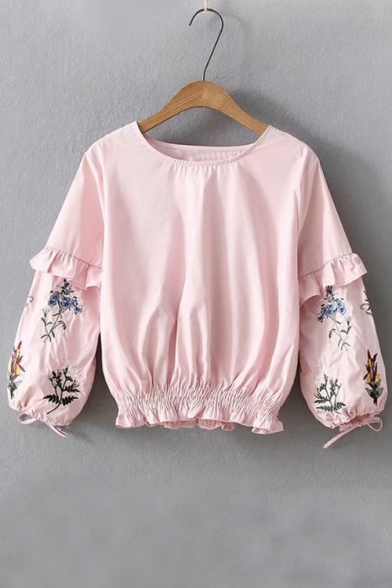 Peasant Round Neck Floral Embroidered Elastic Waist Pullover Blouse
