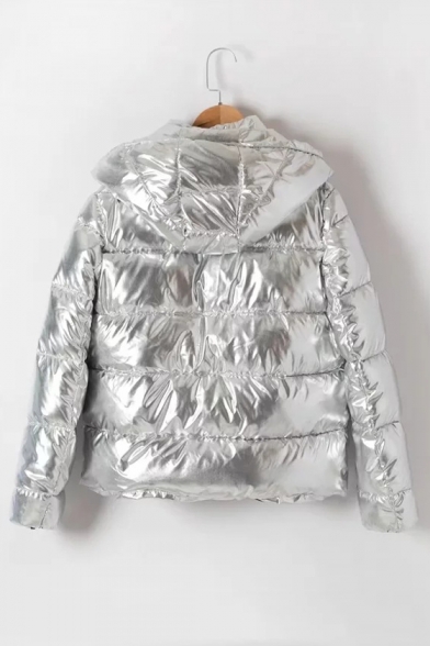Pop Silver Sequined Zippered Single Breasted Quilted Coat with Detachable Hood & Pockets