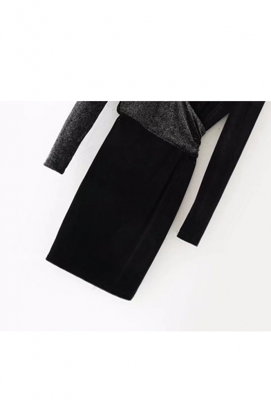 Sexy Plunge Neck V-Back Long Sleeves Velvet Patchwork Wrap Mini Dress