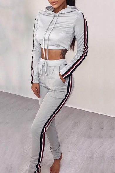 Sexy Striped Pattern Hooded Cropped Drawstring Slim-Fit Co-ords