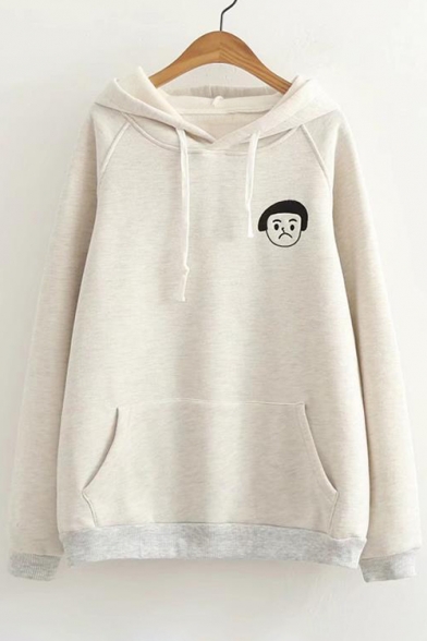 Simple Girl Face Embroidery Long Sleeves Pullover Hoodie with Pocket
