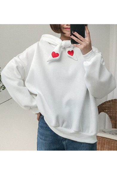 Simple Heart Embroidered Tie Front Long Sleeve Hoodie