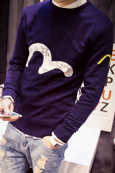 Simple Monochrome Pattern Round Neck Long Sleeves Slim-Fit Pullover Sweater