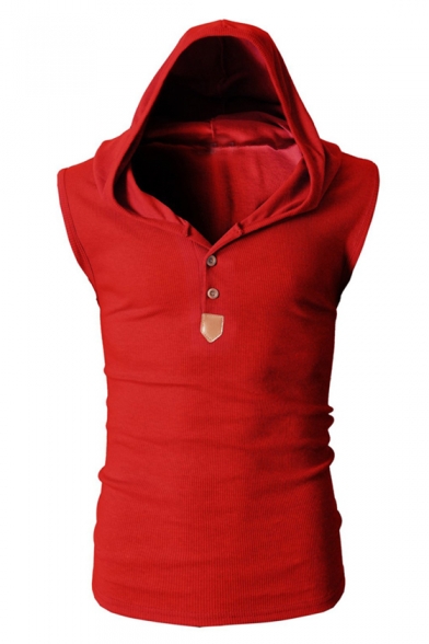 Simple Plain Double Buttons Sleeveless Pullover Slim-Fit Hooded Vest