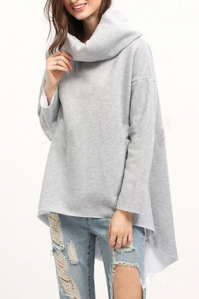 Simple Plain Long Sleeve Turtleneck Asymmetric Hem Pullover Sweatshirt