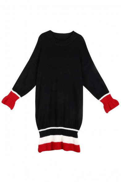 Simple Round Neck Long Sleeves Contrast Cuffs Elastic Hem Knitted Sweater Midi Pencil Dress