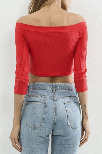 Stylish Plain Off the Shoulder 3/4 Sleeves Cropped Tee Top