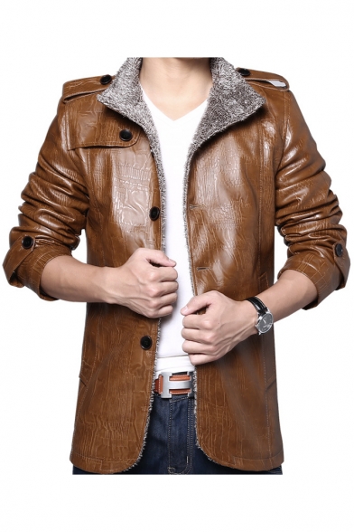 Stylish Stand Collar Single Breasted Long Sleeve Plain Leather Jacket