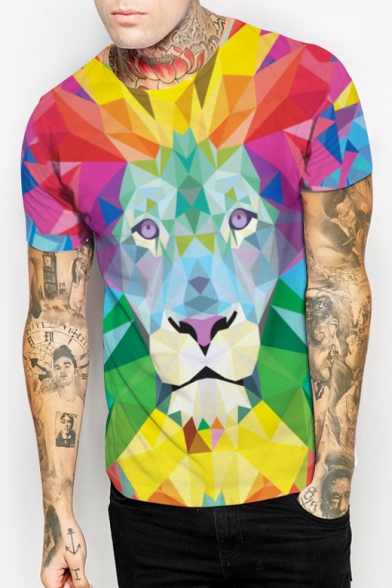 Summer Fashion Colorful Color Block Lion Printed Round Neck Short Sleeve Tee