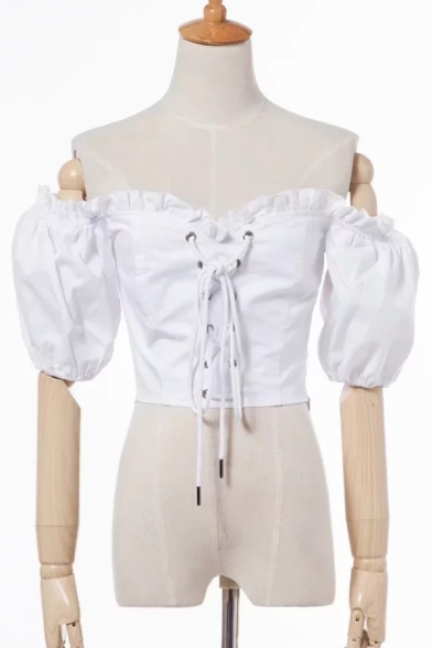 Summer Fashion Off the Shoulder Sweetheart Neck Half Sleeves Attached Straps Cropped Blouse