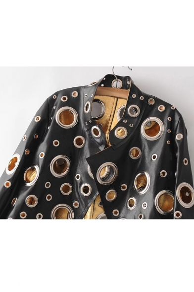 Trendy Allover Grommets Embellished Stand-up Collar Long Sleeves Open Front PU Jacket
