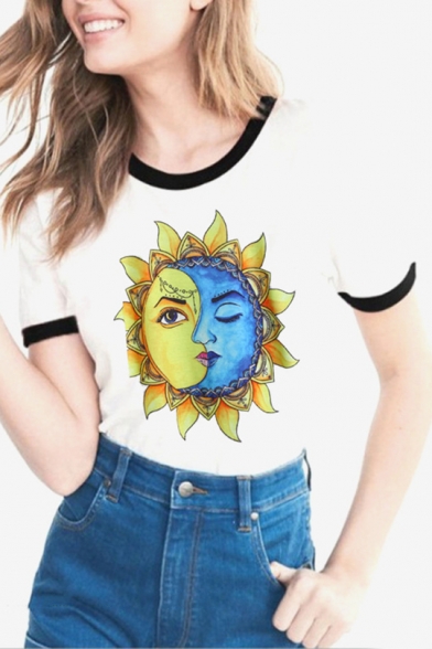 Trendy Sun Moon Sunflower Face Printed Round Neck Contrast Trimmed Short Sleeves Summer Tee