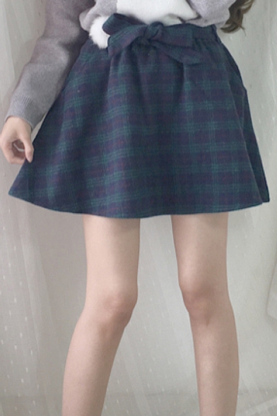 Vintage Plaid Bow Elastic Waist A-Line Mini Skirt