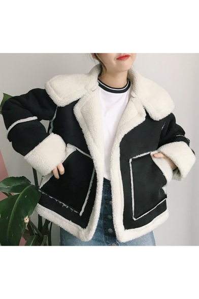 Winter Collection Notched Lapel Open Front Shearling Fur Padded Long Sleeves Coat with Pockets