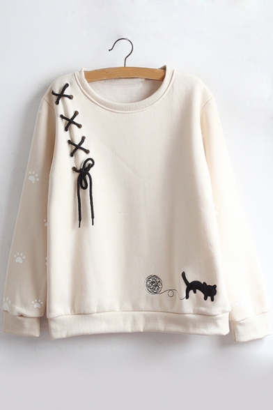 Cartoon Cat Print Tie Front Long Sleeve Round Neck Pullover Sweatshirt