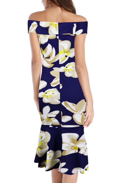 Chic Floral Print Off Shoulder Short Sleeve Fishtail Dress