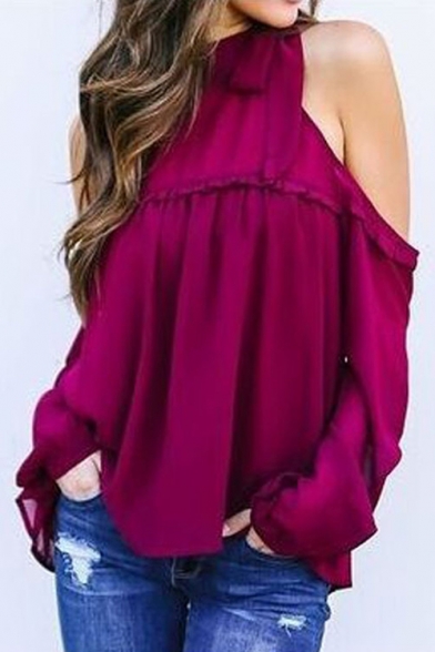 

Chic Simple Plain Cold Shoulder Long Sleeve Blouse, White;rose red, LC458510