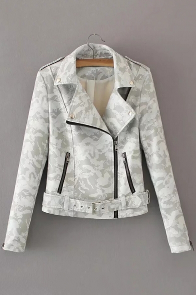 Cool Camouflaged Pattern Notched Lapel Long Sleeves Zippered Biker Jacket with Buttons