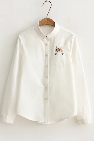 Cute Cat Embroidery Button Down Point Collar Long Sleeves Shirt