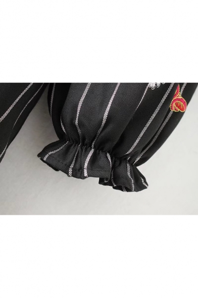 Fashion Embroidered Striped Ruffle Hem Round Neck Long Sleeve Shift Mini Dress