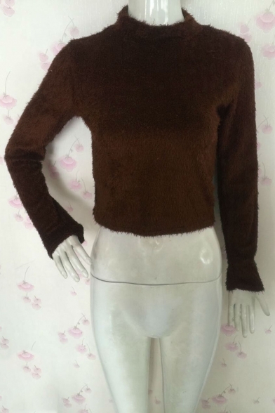 Fashionable High Neck Long Sleeves Cropped Plain Faux Fur Pullover Sweater