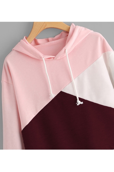 Girlish Color Block Long Sleeves Pullover Cropped Hoodie with Drawstring