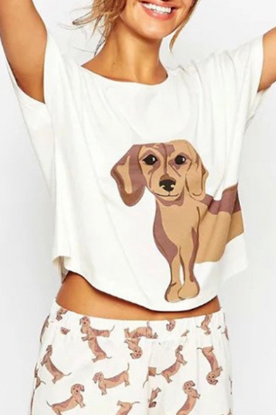 Lovely Dachshund Puppy Dog Printed Round Neck Short Sleeves Cropped Tee