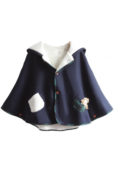 Lovely Doll Pattern Single Breasted Hooded Poncho