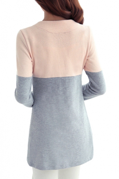 New Color Block Round Neck Long Sleeve Buttons Down Cardigan