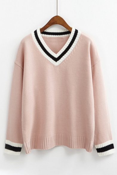 New Trendy Striped Trim Long Sleeve V-Neck Pullover Sweater