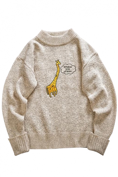 Retro Embroidery Giraffe Print Round Neck Dropped Shouilder Pullover Sweater