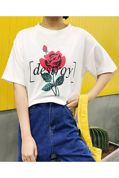 Simple Floral Letter Graphic Pattern Short Sleeves Round Neck Tee