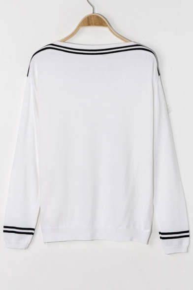 Simple Leisure Striped Boat Neck Long Sleeve Pullover Sweater