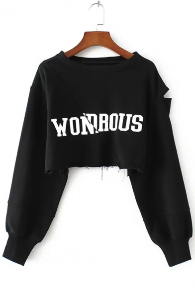 Simple Letter Print Round Neck Keyhole Long Sleeve Cropped Pullover Sweatshirt