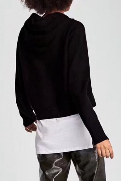 Simple Plain Long Sleeve Hooded Pullover Sweater with Beaded Strap